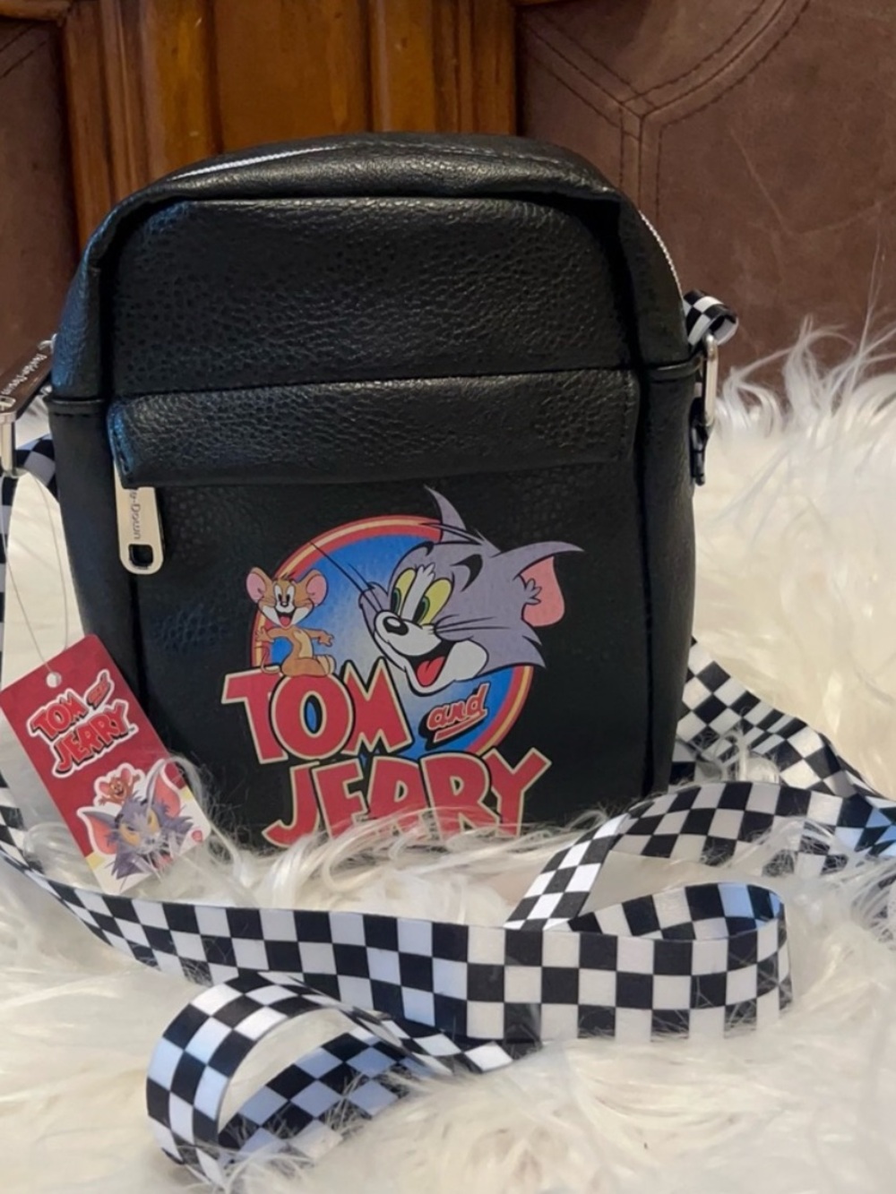 Tom and Jerry NWT Black vegan leather Crossbody Bag unisex Casual Shoulder Bag - Picture 2 of 3